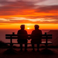 Obraz premium Elderly couple holding hands while sitting on a bench at sunset 