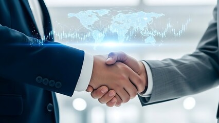 Global Business Partnership: Handshake with World Map and Finance Data