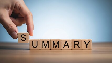Hand placing wooden block with letter S to complete the word S U M A R Y summary text