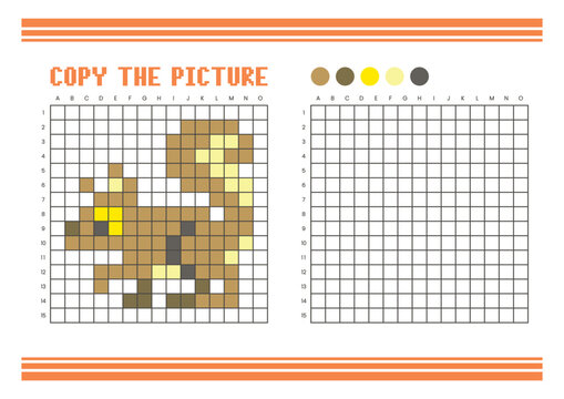 Copy the picture grid drawing worksheet for kids. Pixel art squirrel