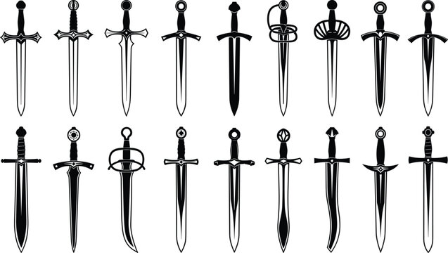 Set of Medieval Dagger and Sword Silhouettes Featuring Various Blade Shapes and Hilt Designs for Gaming Assets Tattoo Patterns Historical Illustrations and Weapon Icons