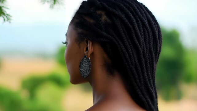 Natural portrait of a woman with locs wearing vibrant traditional attire outdoors