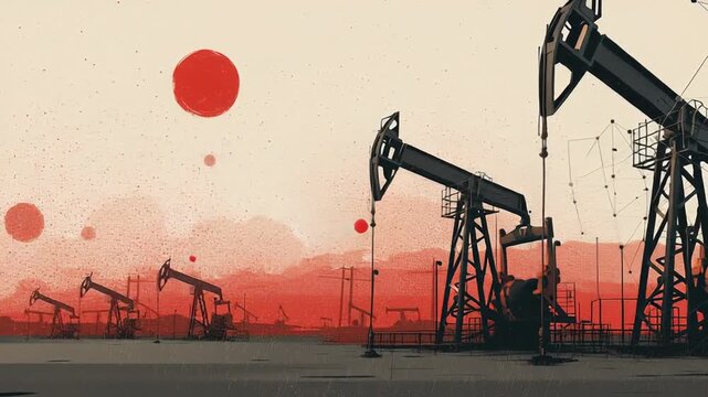 Energy sanctions effect on oil market, broken connection lines between oil symbols, calm yet tense atmosphere, modern business editorial design, oil sanctions impact