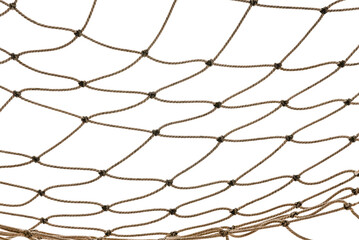Fototapeta premium Torn Football or tennis net. Rope mesh on a white background close-up