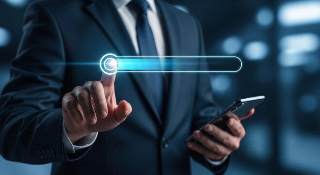 Professional touching a futuristic digital interface with glowing progress bar - Powered by Adobe