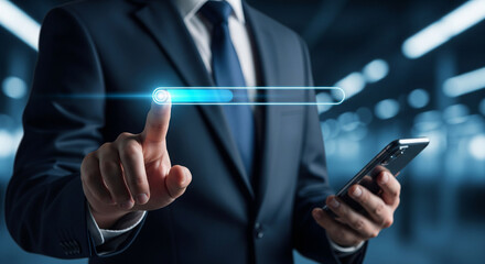 Businessman in a suit uses a futuristic digital interface on a smartphone for technology and data analysis.