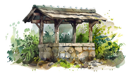flat watercolor illustration old stone well