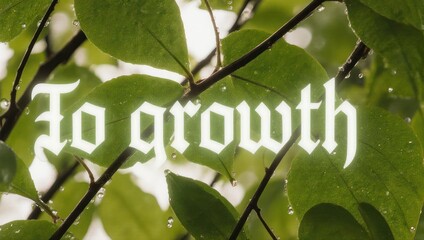 Lush Green Leaves with Dew Drops and the Text To Growth in a Gothic Font.