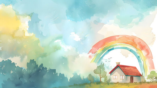 flat watercolor illustration rainbow behind house