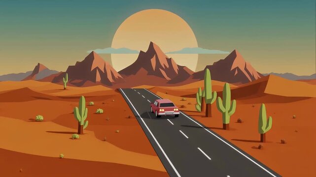 Low Poly Desert Road Trip Illustration with Setting Sun and Mountains