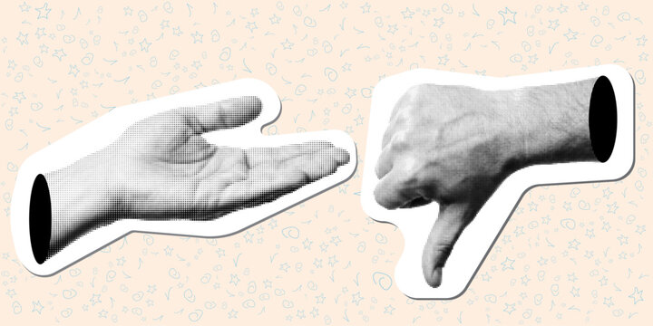 Halftone retro hands set, vector vintage collage stickers of thumb down gesture and open palm giving or receiving