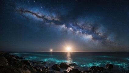 Magical Milky Way Galaxy Over a Glowing Bioluminescent Ocean Coast.