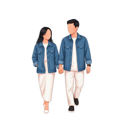 Couple holding hands wearing denim jackets and white pants 1.