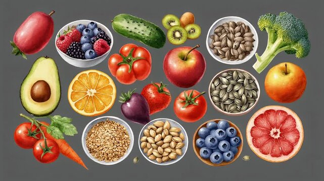 A vibrant watercolor illustration collection of fresh fruits, vegetables, and assorted healthy seeds and nuts against a gray background.