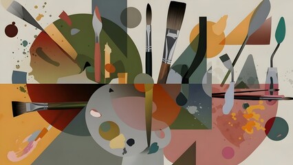 Vintage Aesthetic Mockup with Art Brushes and Minimalist Geometric Shapes on Textured Background