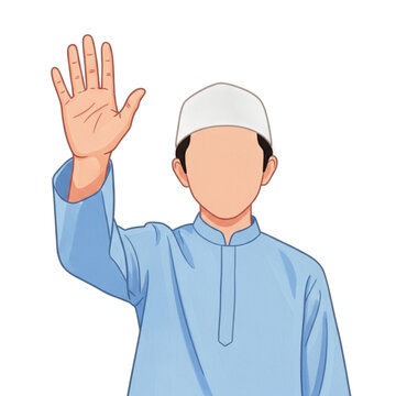 Muslim boy wearing a kufi and traditional clothing waving hello.