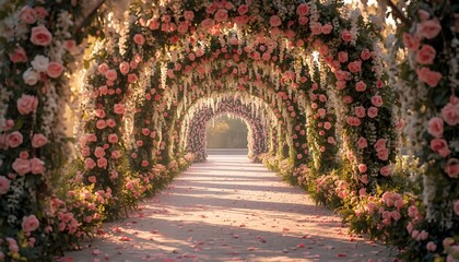 Obraz premium A beautiful garden pathway framed by blooming flowers and greenery, leading into a peaceful, romantic, and dreamy setting.