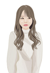 左上を見るロングウエーブヘアーの若い女性イラスト