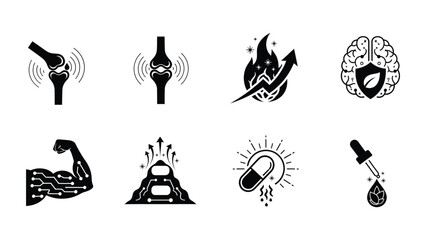 A collection of black and white icons representing various health benefits and supplements like joint support, brain support, and muscle growth.