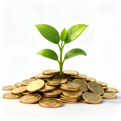 Plant growing from pile of gold coins symbolizing investment  