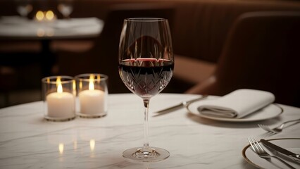 Elegant Wine Glass on Table: Capturing the essence of a sophisticated dining experience, a crystal clear wine glass, filled with rich red wine, rests gracefully on a meticulously set table.
