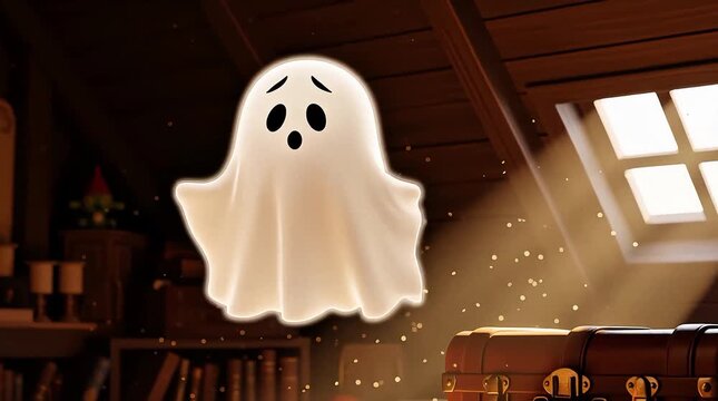 Cute ghost peeking out of vintage suitcase in cozy attic