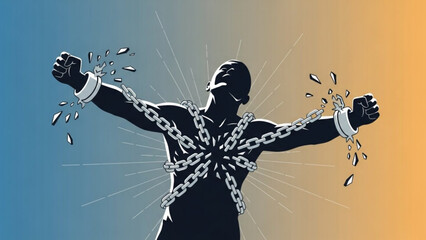 Man breaking free from chains on a gradient background symbolizing freedom and liberation