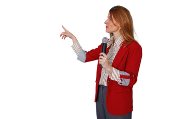 Woman speaker giving a presentation, holding a microphone and gesturing, transparent background