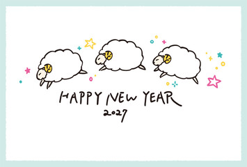 2027年　年賀状　かわいい三匹の羊が飛び跳ねるイラストレーション