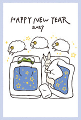 2027年　年賀状　鳥獣戯画　うさぎとカエルが羊を数えながら眠るイラストレーション