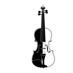 A striking black and white illustration depicting a classic violin design