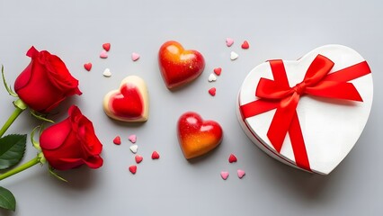 Valentine's day gift box with roses and heart shaped cookies