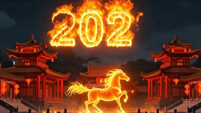 Rearing horse, traditional Chinese pagoda, night sky outdoor - Happy Chinese New Year 2026 greeting, Lunar and spring festival celebration, Year of the fire horse, zodiac sign symbol 