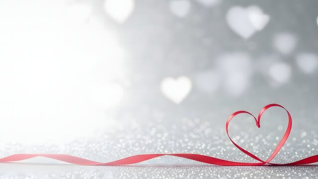 A red ribbon heart on a sparkling background with white hearts