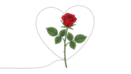 Single line art heart outline with vibrant red rose, green leaves, and stem