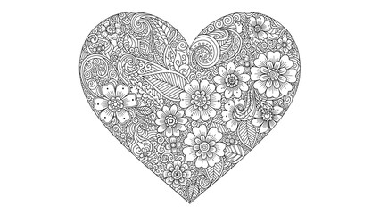 Intricate floral heart coloring page with mehndi patterns and blooming flowers