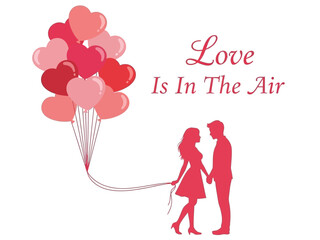 Sweet Illustration of a Couple with Floating Heart Balloons Symbolizing Love and Romance