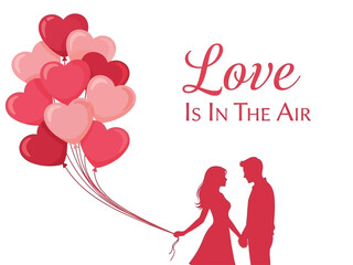 Romantic illustration of a loving couple holding heart balloons, celebrating affection
