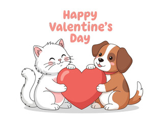 Cute Feline and Canine Friends Sharing a Red Heart for a Loving Valentine's Day Celebration