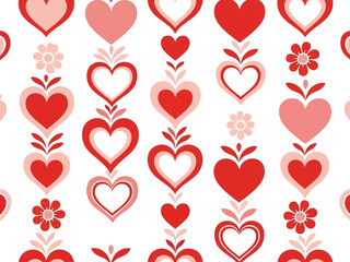 Seamless pattern with stylized hearts and flowers in red and pink