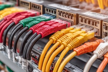 Vibrant Fiber Optic Cables Glowing During Data Transfers in Technology Hub