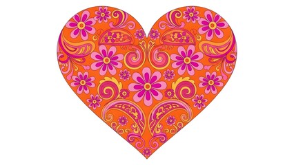 Vibrant heart shape filled with psychedelic floral patterns, retro design and festive celebration