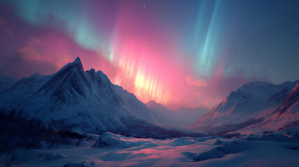 Obraz premium Snowy mountain peak stands tall under vibrant aurora borealis display in the night sky slowly.