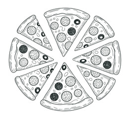 Pizza slice simple line art clear vision, vector illustration, hand-drawn outline, minimal food icon, editable, isolated, linear design, restaurant menu, culinary graphic