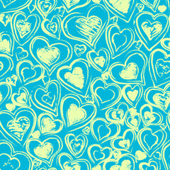Valentine's Day hearts seamless pattern in blue and yellow. Hand-drawn vector background for gift wrap, wallpaper, and holiday crafts.