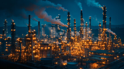 Nighttime Industrial Landscape with Refineries and Emission Stacks