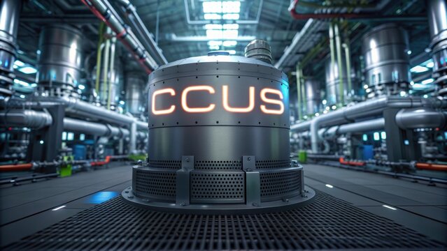 Utilization and Storage (CCUS) Industrial setting featuring a prominent tank labeled CCUS, surrounded by pipes and machinery.