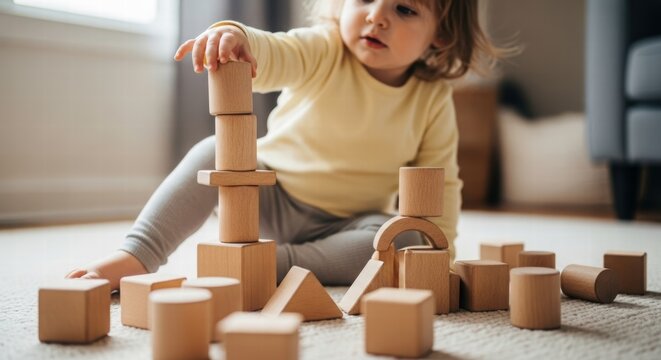 Child's Building Blocks: A curious toddler sits absorbed in a world of wooden blocks, constructing a tower and revealing an imaginative, playful world.