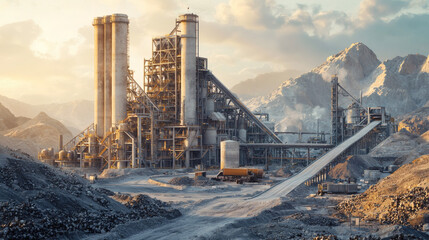 Industrial Cement Plant Surrounded by Rocky Mountains and Clouds