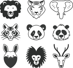 Fototapeta premium Vector illustration collection featuring a set of cute cartoon animal head icons including a cat, dog, bear, rabbit, tiger, fox, and panda character for a fun baby zoo pet set